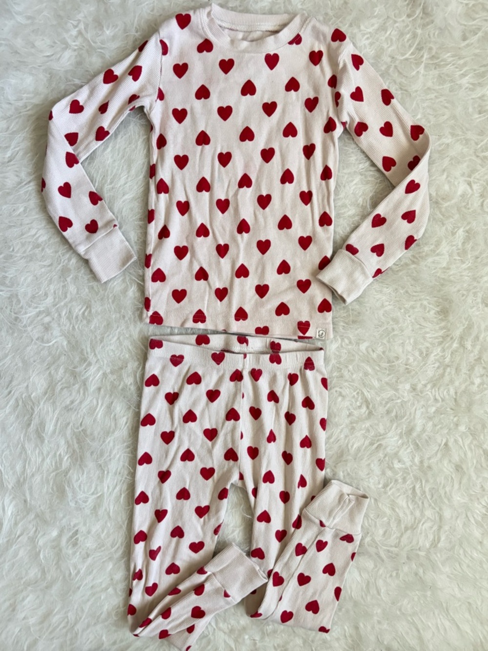 Little Planet Girls Long Sleeve Ribbed Pajama Set with Red Hearts